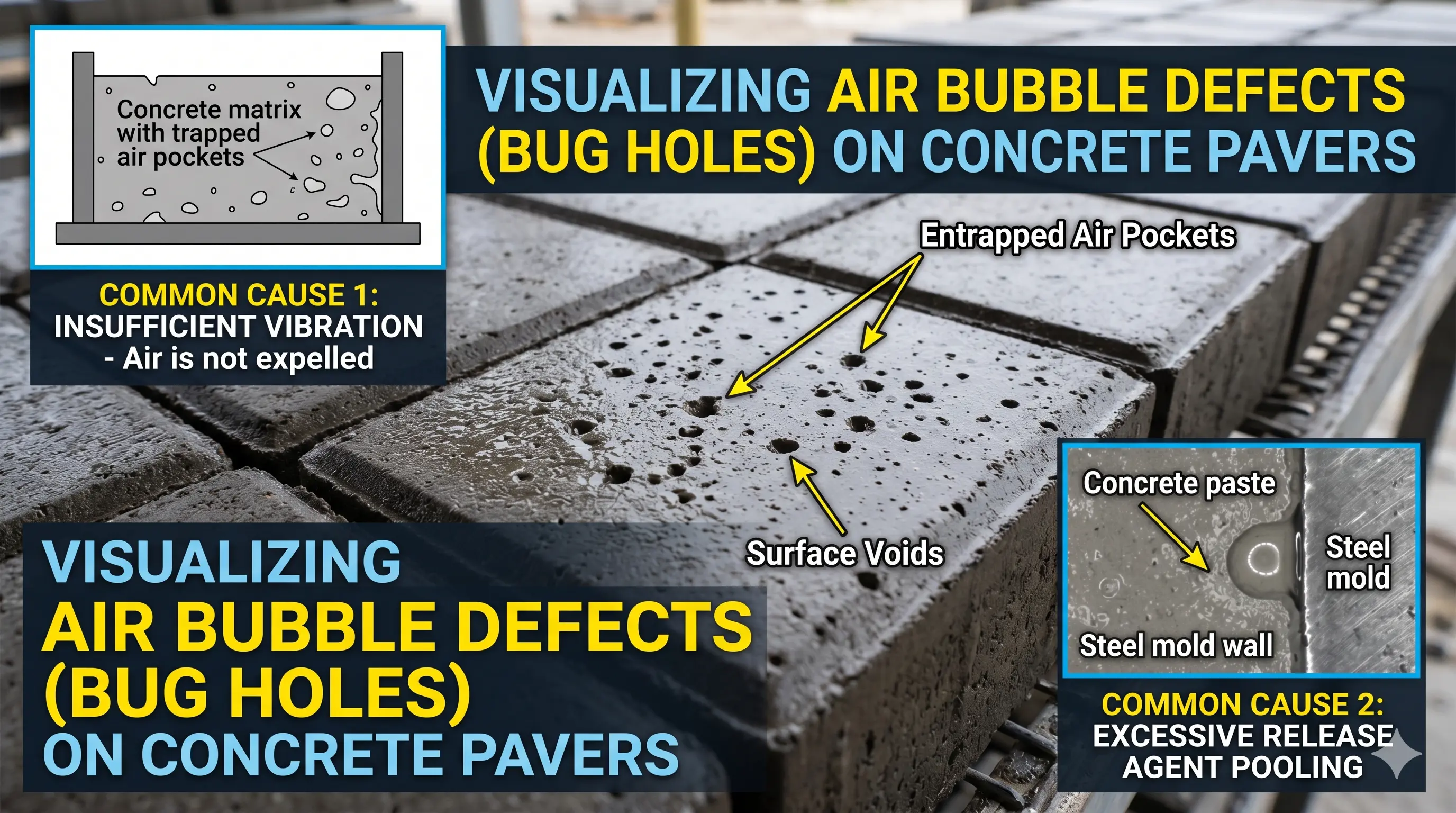 Vibrating table removing trapped air bubbles from rubber moulds during paver block production